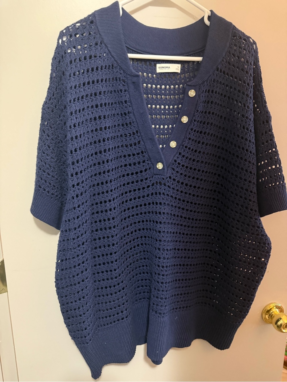 Sonoma Navy Crochet V-Neck Button Sweater